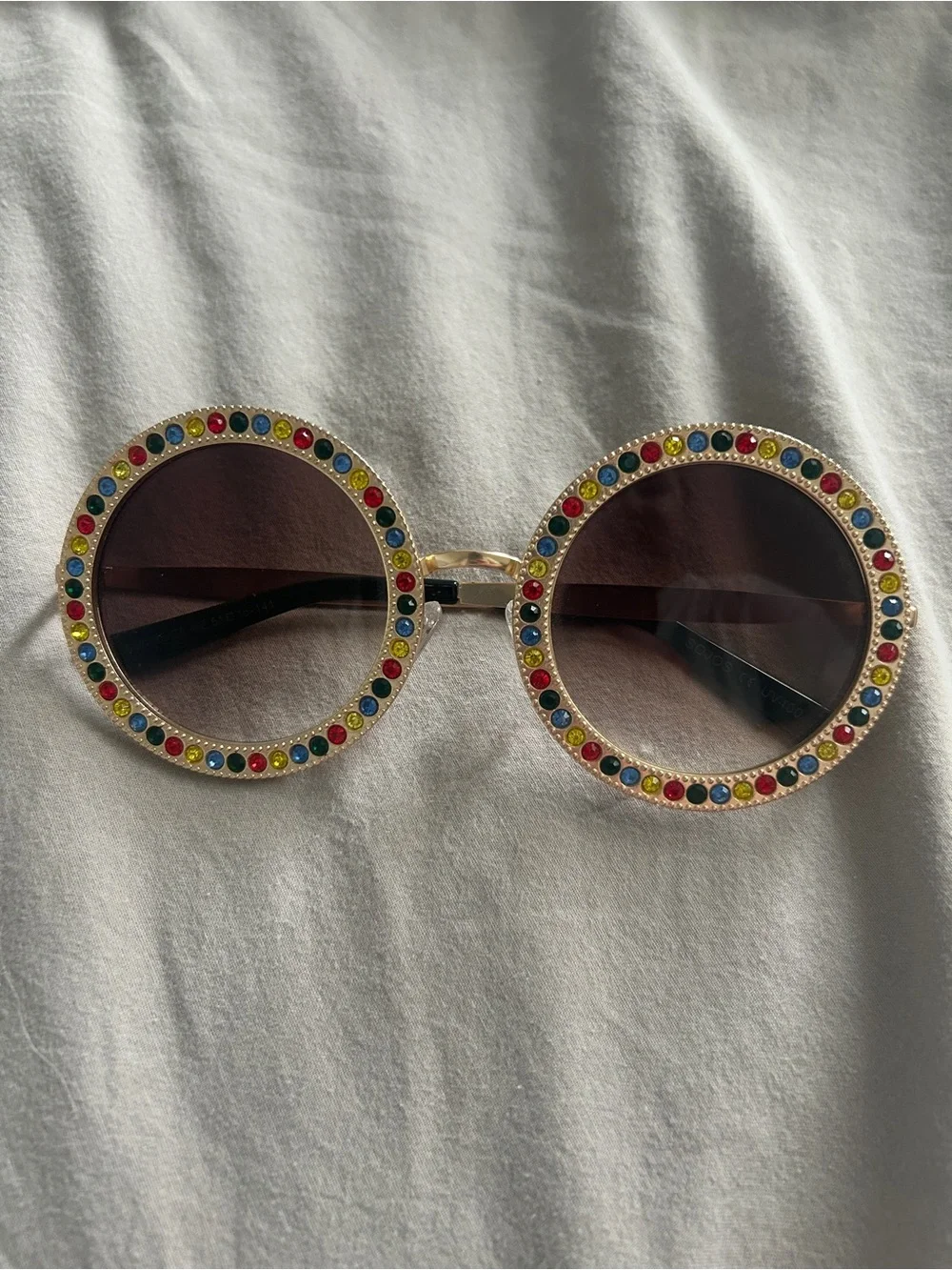 Round Multi-Accent Crystal Sunglasses - Brown Lenses